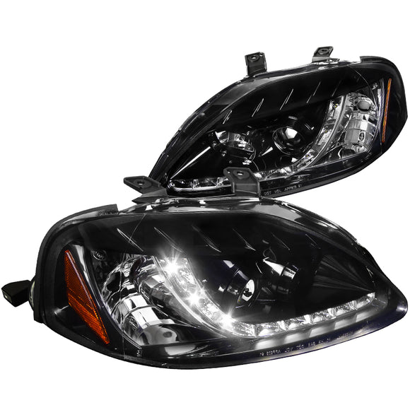 Coolstuffguru Compatible with Honda Civic Dual Halo Glossy Black R8 Led Style Projector Headlights