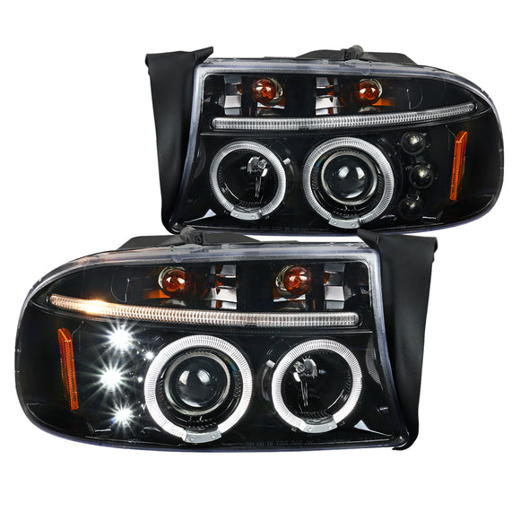 Coolstuffguru Compatible with Dodge Dakota Durango LED Dual Jet Black Halo Projector Headlights Left+Right