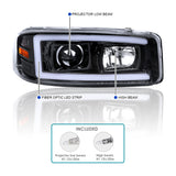 Coolstuffguru Glossy Black Housing Clear Lens LED Light Bar Projector Headlight + Bumper Light Compatible with GMC Yukon Denali 2001-2006, XL, Sierra, L+R Pair Head Light Lamp Assembly