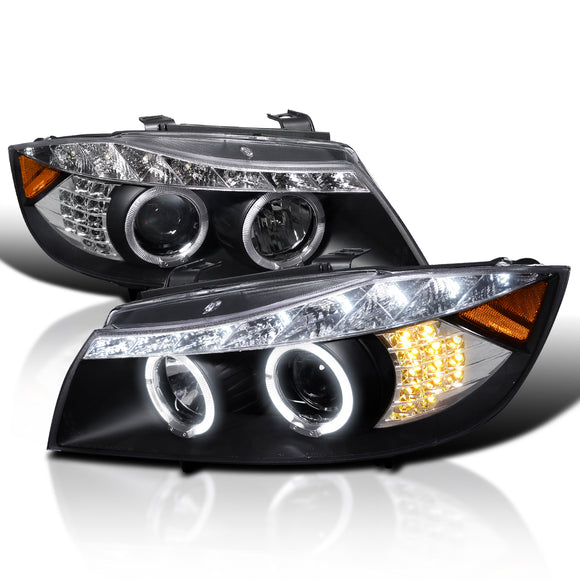 Coolstuffguru Compatible with Bmw E90 4Dr 3-Series Black Led Signal Eyelid Halo Projector Head Lights