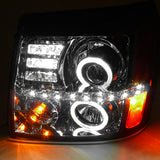 Coolstuffguru LED HALO SMOKE HEADLIGHTS+GLOSSY BLACK MESH HOOD GRILL ABS GR Compatible with 2002-2006 ESCALADE