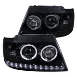 Coolstuffguru Glossy Black LED Strip Halo Projector Headlights Compatible with Ford Explorer 2002-2005 L+R Pair Head Light Lamp Assembly