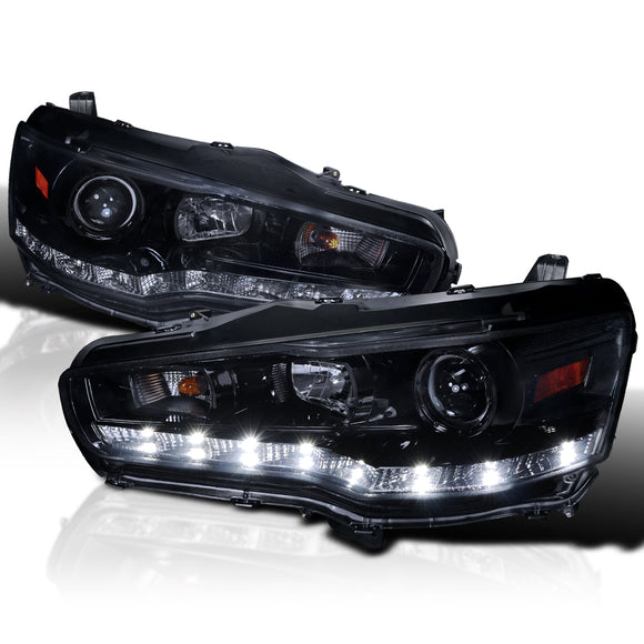 Coolstuffguru Compatible with Mitsubishi Lancer EVO X 10 Glossy Black R8 Style LED Projector Headlights