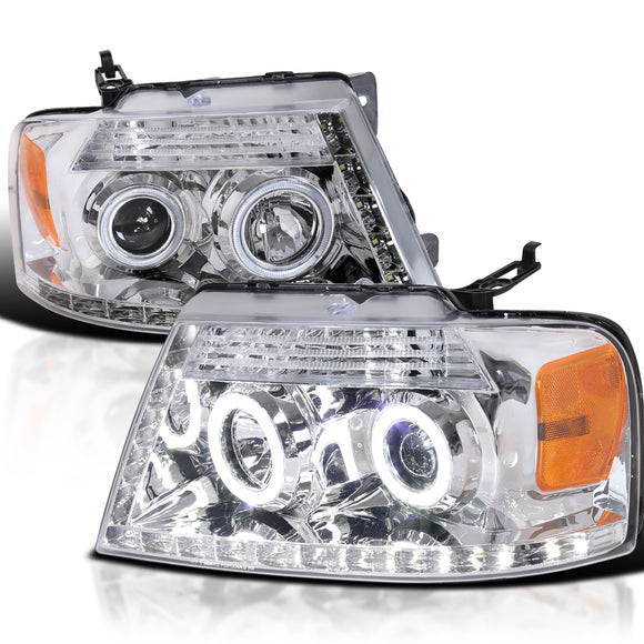 Coolstuffguru Compatible with Ford F150 R8 Led Halo Chrome Clear Projector Head Lights