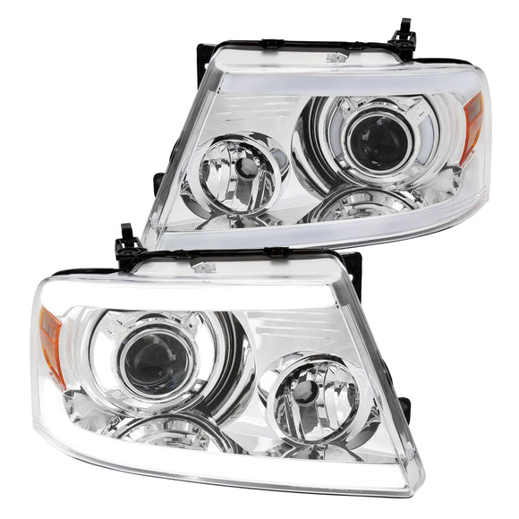 Coolstuffguru LED Tube Bar Strips Projector Headlights Compatible with Ford F150 2004-2008, 06-08 Mark LT L+R Pair Head Light Lamp Assembly