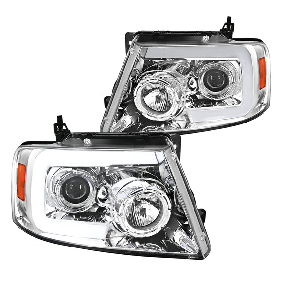 Coolstuffguru Sequential LED Light Bar Signal Chrome Housing Clear Lens Projector Headlights Compatible with Ford F150 2004-2008, 06-08 Lincoln Mark LT, L+R Pair Head Light Lamp Assembly