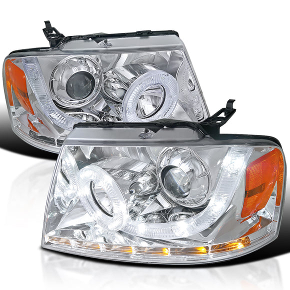 Coolstuffguru Compatible with Ford F150 Lincoln Mark LT Chrome SMD Halo LED Projector Headlights