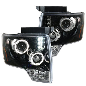 Coolstuffguru Compatible with Ford F150 Pickup Halo+LED Jet Black Projector Headlights Left+Right