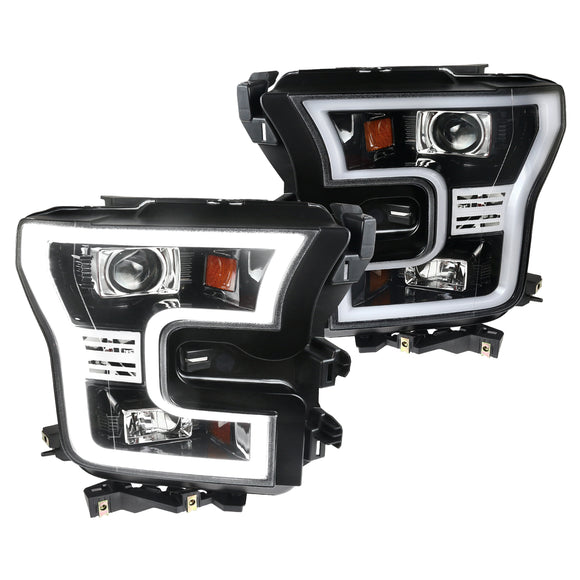 Coolstuffguru Compatible with Ford F150 F-150 Pickup Jet Black Projector Headlights w/ LED Daytime Lamps