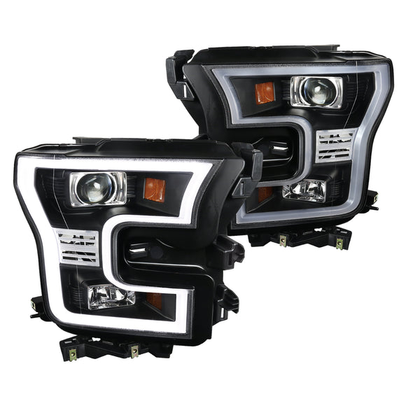 Coolstuffguru Compatible with Ford F150 Black Clear Projector Headlights+LED Bar