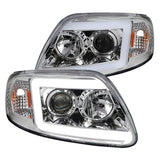 Coolstuffguru LED Light Bar Chrome Housing Clear Lens Projector Headlights Compatible with Ford F150 1997-2003, 97-02 Expedition, L+R Pair Head Light Lamp Assembly