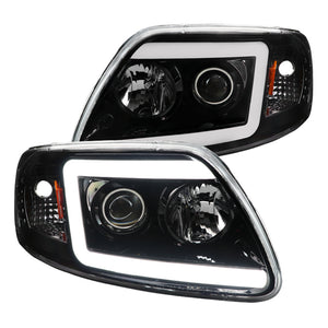 Coolstuffguru LED Light Bar Jet Black Housing Clear Lens Projector Headlights Compatible with Ford F150 1997-2003, 97-02 Expedition, L+R Pair Head Light Lamp Assembly