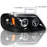 Coolstuffguru Compatible with Ford F150 LED Strip Halo Jet Black Projector Headlights Headlamps Left+Right