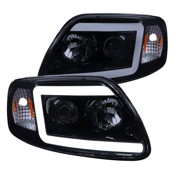 Coolstuffguru LED Light Bar Glossy Black Housing Smoke Lens Projector Headlights Compatible with Ford F150 1997-2003, 97-02 Expedition, L+R Pair Head Light Lamp Assembly