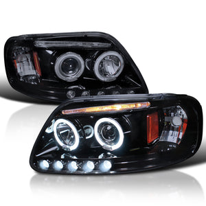 Coolstuffguru Compatible with Ford F150 Led Dual Halo Glossy Black Projector Head Lights