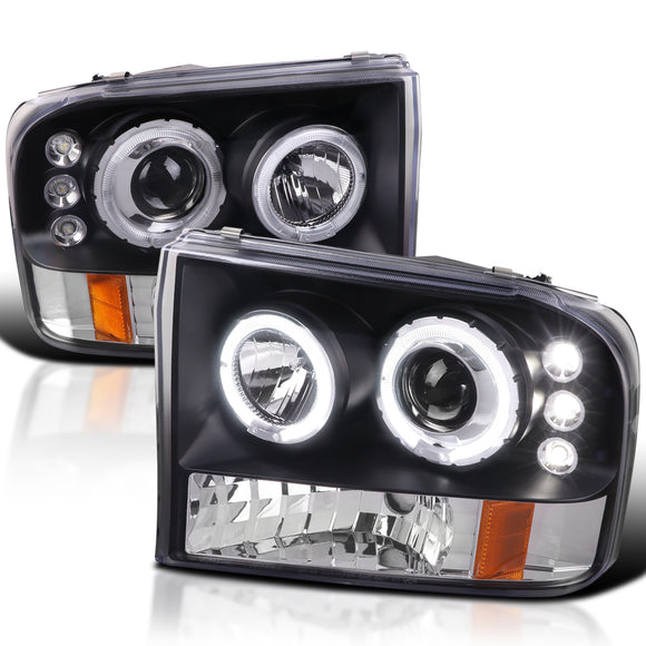 Coolstuffguru Compatible with Ford F250 Led Dual Halo Black Projector Head Lights