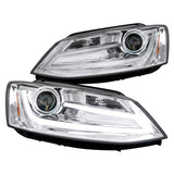 Coolstuffguru Led Euro Chrome Housing Clear Lens Projector Headlights W/ Led Light Bar Compatible with Volkswagen Jetta 2011-2018 L+R Pair Head Light Lamp Assembly