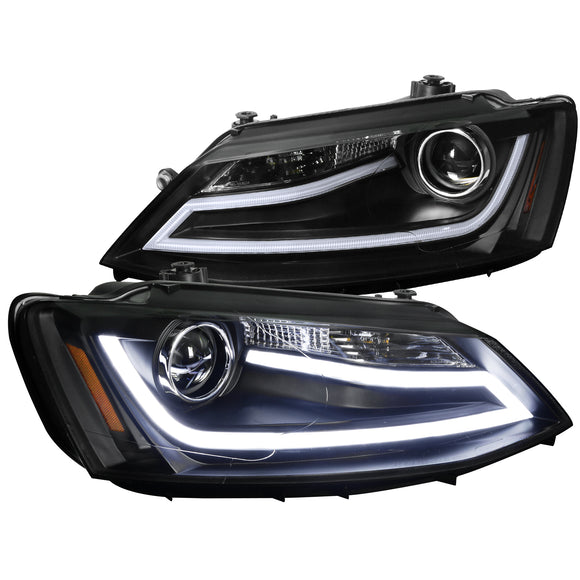 Coolstuffguru Led Euro Projector Headlights Black W/ Led Light Bar Compatible with Volkswagen Jetta 2011-2014 L+R Pair Head Light Lamp Assembly