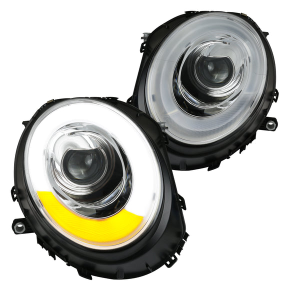 Coolstuffguru Compatible with Mini Cooper Chrome Clear LED Bar Halo Ring Projector Headlights Pair