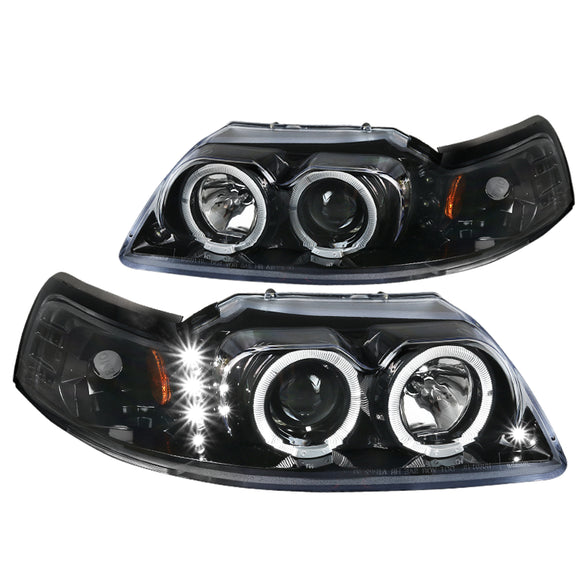 Coolstuffguru Compatible with Ford Mustang Replacement LED+Dual Jet Black Halo Projector Headlights Pair