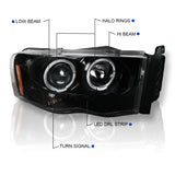 Coolstuffguru Compatible with Dodge Ram 1500 2500 3500 Pickup Halo Jet Black Projector Headlights Left+Right