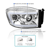 Coolstuffguru LED Light Bar Chrome Housing Clear Lens Projector Headlights Compatible with Dodge Ram 1500 2006-2008, 06-09 2500 3500, L+R Pair Head Light Lamp Assembly