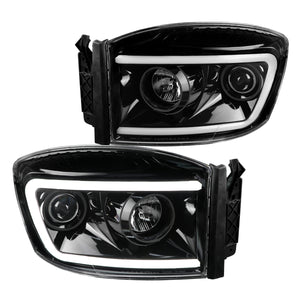 Coolstuffguru LED Light Bar Jet Black Housing Clear Lens Projector Headlights Compatible with Dodge Ram 1500 2006-2008, 06-09 2500 3500, L+R Pair Head Light Lamp Assembly