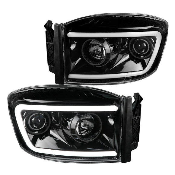 Coolstuffguru LED Light Bar Jet Black Housing Clear Lens Projector Headlights Compatible with Dodge Ram 1500 2006-2008, 06-09 2500 3500, L+R Pair Head Light Lamp Assembly