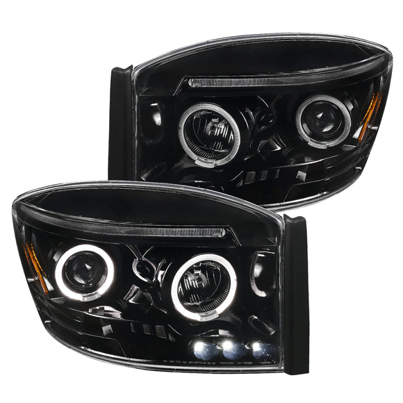 Coolstuffguru Compatible with Dodge Ram 1500 2500 3500 Pickup Dual Jet Black Halo Projector Headlights Pair