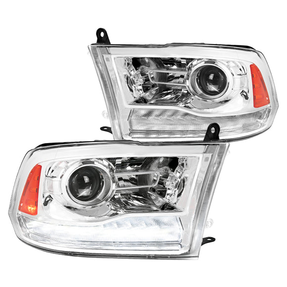 Coolstuffguru Chrome Housing Clear Lens Projector Headlights + Switchback LED Signal Strip Compatible with Dodge Ram 1500 2009-2018 L+R Pair Head Light Lamp Assembly