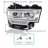 Coolstuffguru Chrome Housing Clear Lens Dual Projector Headlight Sequential Signal LED Strip Compatible with Dodge Ram 2500 3500 2019-2022