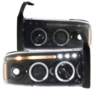 Coolstuffguru Compatible with Dodge Ram 1500 2500 3500 Dual Halo LED Jet Black Projector Headlights Left+Right