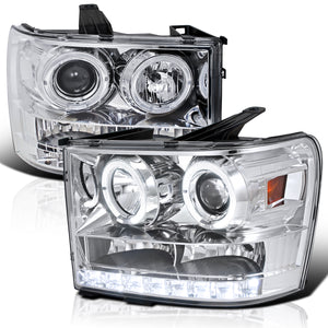 Coolstuffguru Compatible with GMC Sierra 1500/2500/3500 Chrome Clear Halo LED Projector Headlights