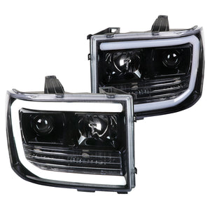 Coolstuffguru LED Light Bar Jet Black Housing Clear Lens Projector Headlights Compatible with GMC Sierra 1500 / 1500 Denali 2007-2013 L+R Pair Head Light Lamp Assembly