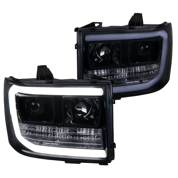 Coolstuffguru LED Light Bar Glossy Black Housing Smoke Lens Projector Headlights Compatible with GMC Sierra 1500 / 1500 Denali 2007-2013 L+R Pair Head Light Lamp Assembly