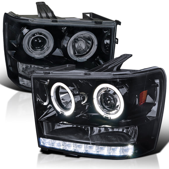 Coolstuffguru Compatible with GMC Sierra 1500/2500/3500 Glossy Black Halo LED Projector Headlights