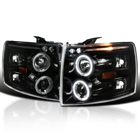 Coolstuffguru Compatible with Chevy Silverado 1500 2500 3500 LED+Halo Jet Black Projector Headlights Lamps