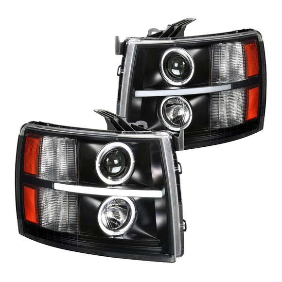 Coolstuffguru Compatible with Chevy Silverado 1500 2500 3500 Halo+LED Black Projector Headlights