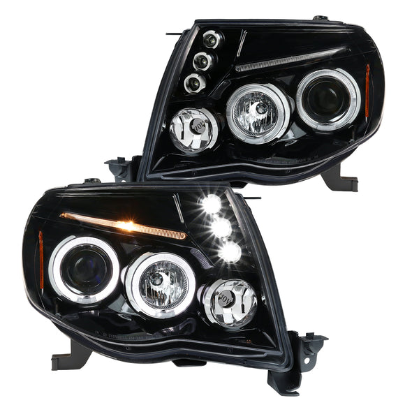 Coolstuffguru Compatible with Toyota Tacoma LED Dual Halo Jet Black Projector Headlights Lamps Left+Right