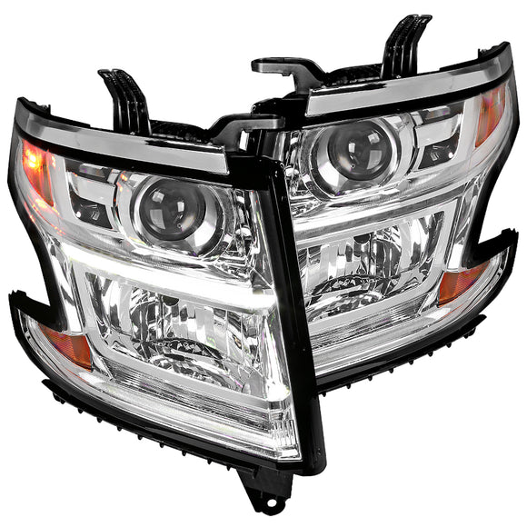 Coolstuffguru LED Light Bar Chrome Housing Clear Lens Projector Headlights Compatible with Chevy Tahoe GMC Suburban 2015-2020, 16-19 Suburban 3500HD, L+R Pair Head Light Lamp Assembly