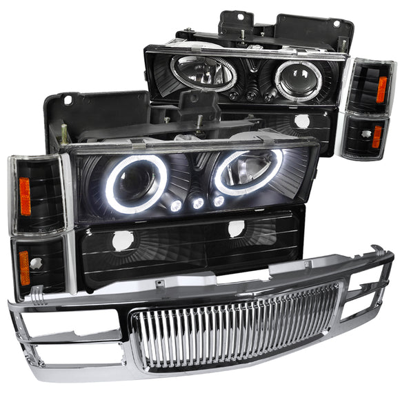 Coolstuffguru Compatible with Gmc Chevy C/K 1500 Black Halo Pro Headlight, Corner, Bumper Lamp, Chrome Gri