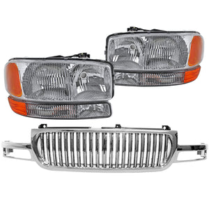 Coolstuffguru Compatible with GMC Yukon XL Chrome Clear Headlights+Bumper Lamps+Vertical Hood Grille