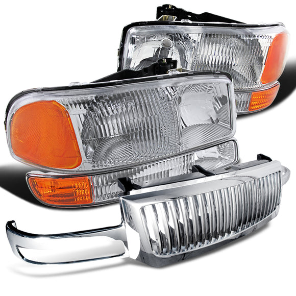 Coolstuffguru Compatible with GMC Sierra 1500 1500HD 2500 Chrome Clear Headlights+Bumper Lamps+Vertical Gr