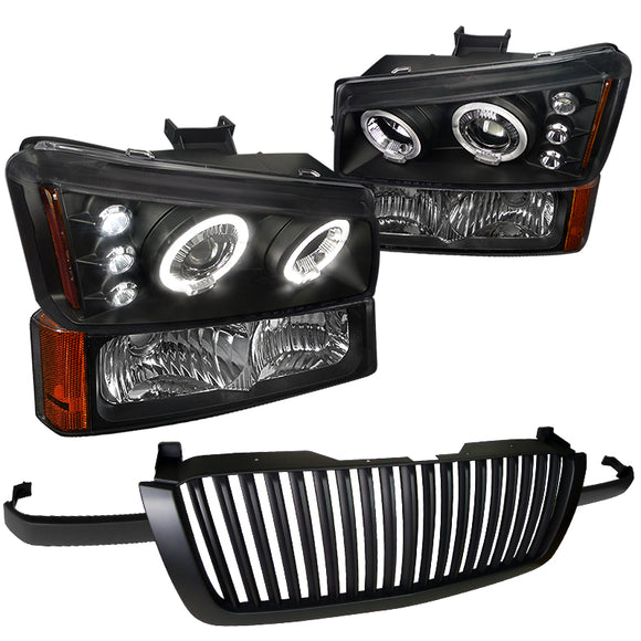 Coolstuffguru Compatible with Chevy Silverado Avalanche Black Halo LED Projector Headlights+Bumper+Grille