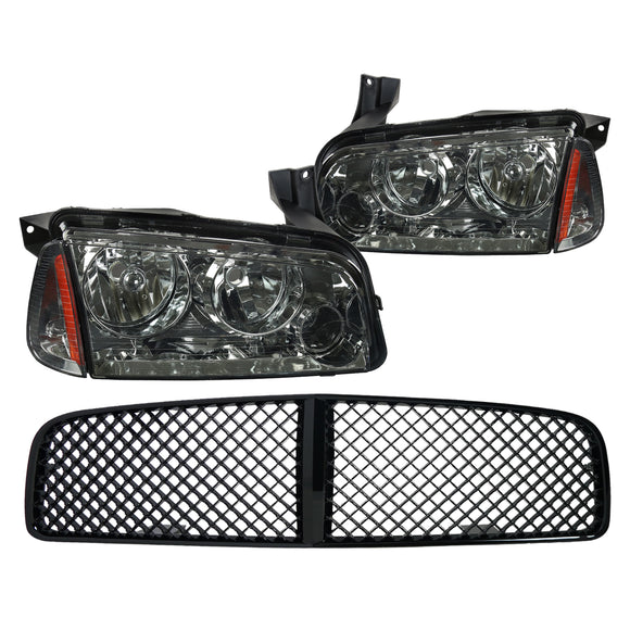 Coolstuffguru Compatible with Dodge Charger Smoke Lens Headlights+Signal Corner Lamps+Black Mesh Hood Gril