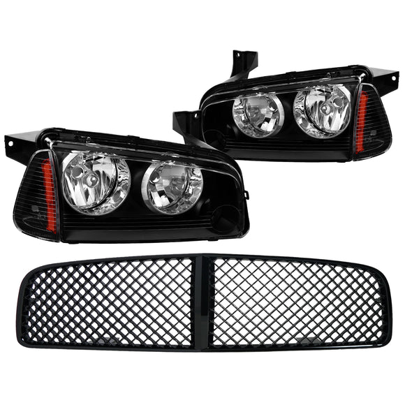 Coolstuffguru Compatible with Dodge Charger Black Headlights+Corner Signal Lamps+Mesh Front Hood Grille