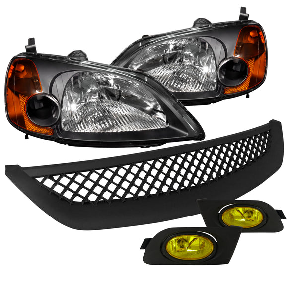 Coolstuffguru Compatible with Honda Civic ExX DX 2/3/4Dr Black Headlights+Front Grill+Yellow Fog Lights