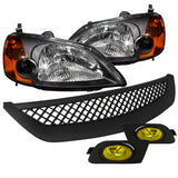 Coolstuffguru Compatible with Honda Civic ExX DX 2/3/4Dr Black Headlights+Front Grill+Yellow Fog Lights