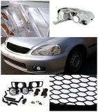 Coolstuffguru Compatible with Honda Civic Si LX DX JDM Chrome Headlights ABS Mesh Grille Guard+Clear Fog L