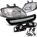 Coolstuffguru Compatible with Honda Civic Si LX DX JDM Chrome Headlights ABS Mesh Grille Guard+Clear Fog L